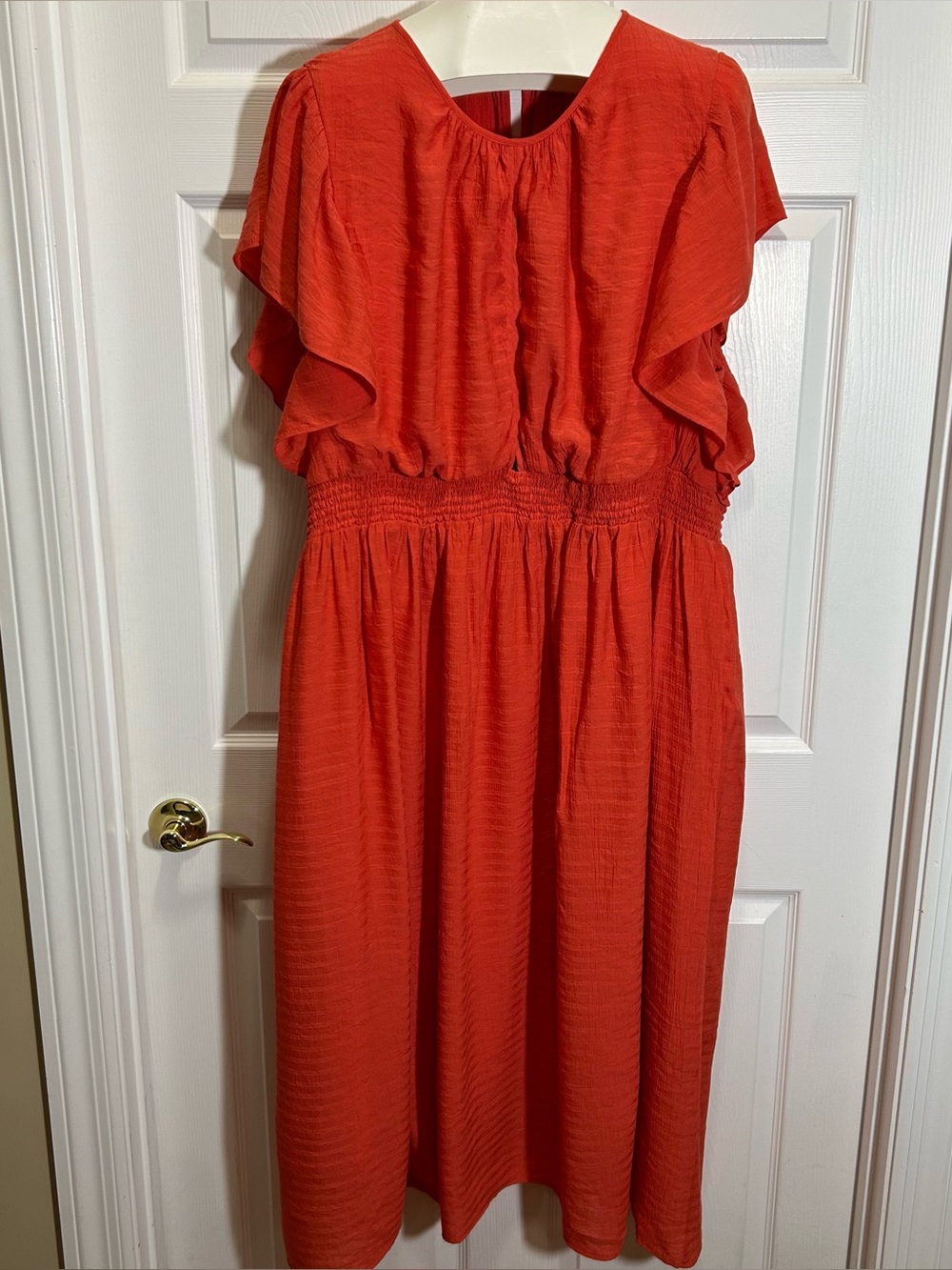 ARULA Coral-Orange Flutter Sleeve Midi Dress Size C